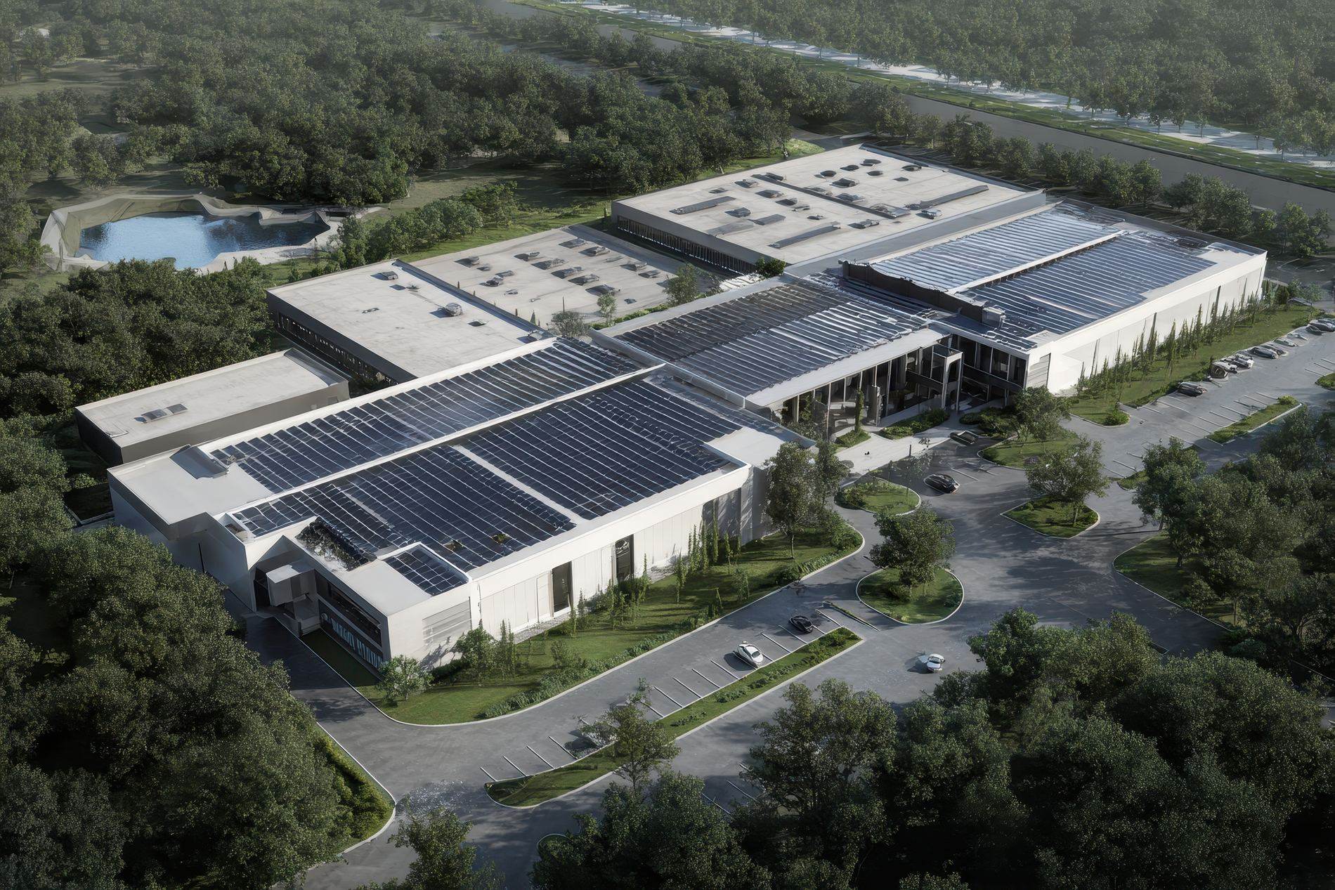 Aerial view of a data center campus with rooftop solar