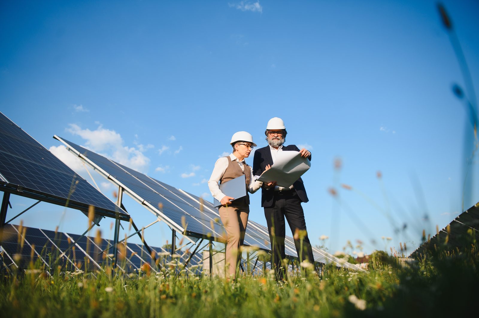 Two land professionals reviewing plans at a solar site