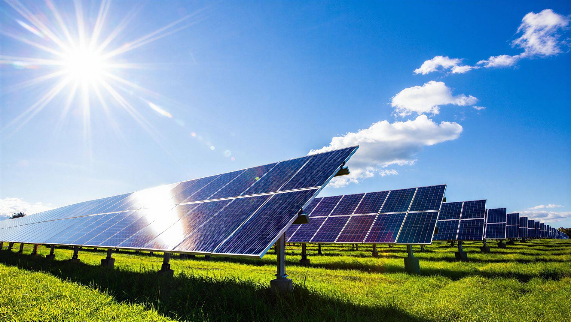 Utility-scale solar array in an open field under bright sun