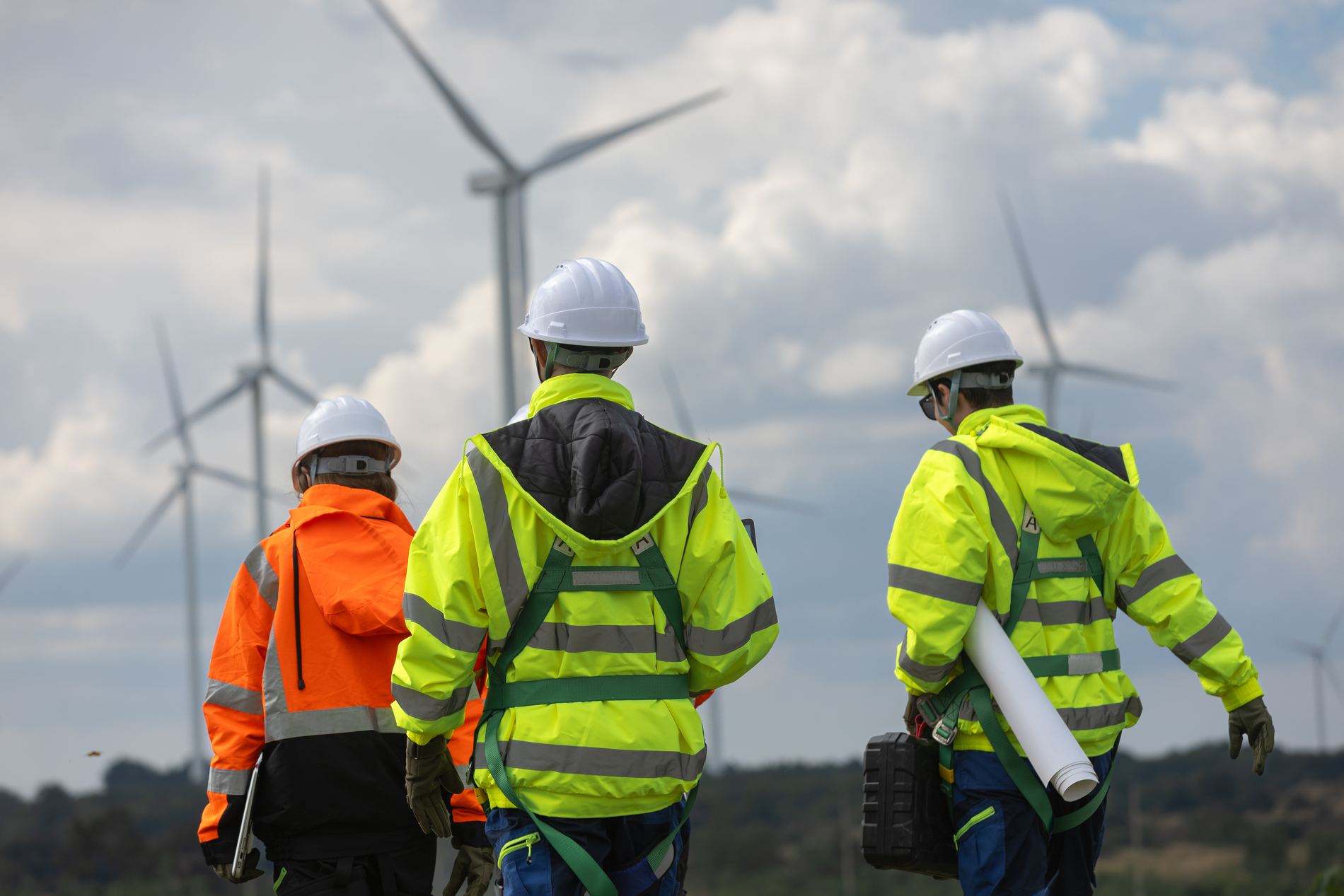 Field team walking through a wind farm